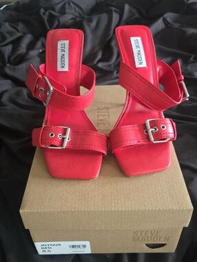 Steve Madden Red Double-Buckle Square-Toe Slide Heels